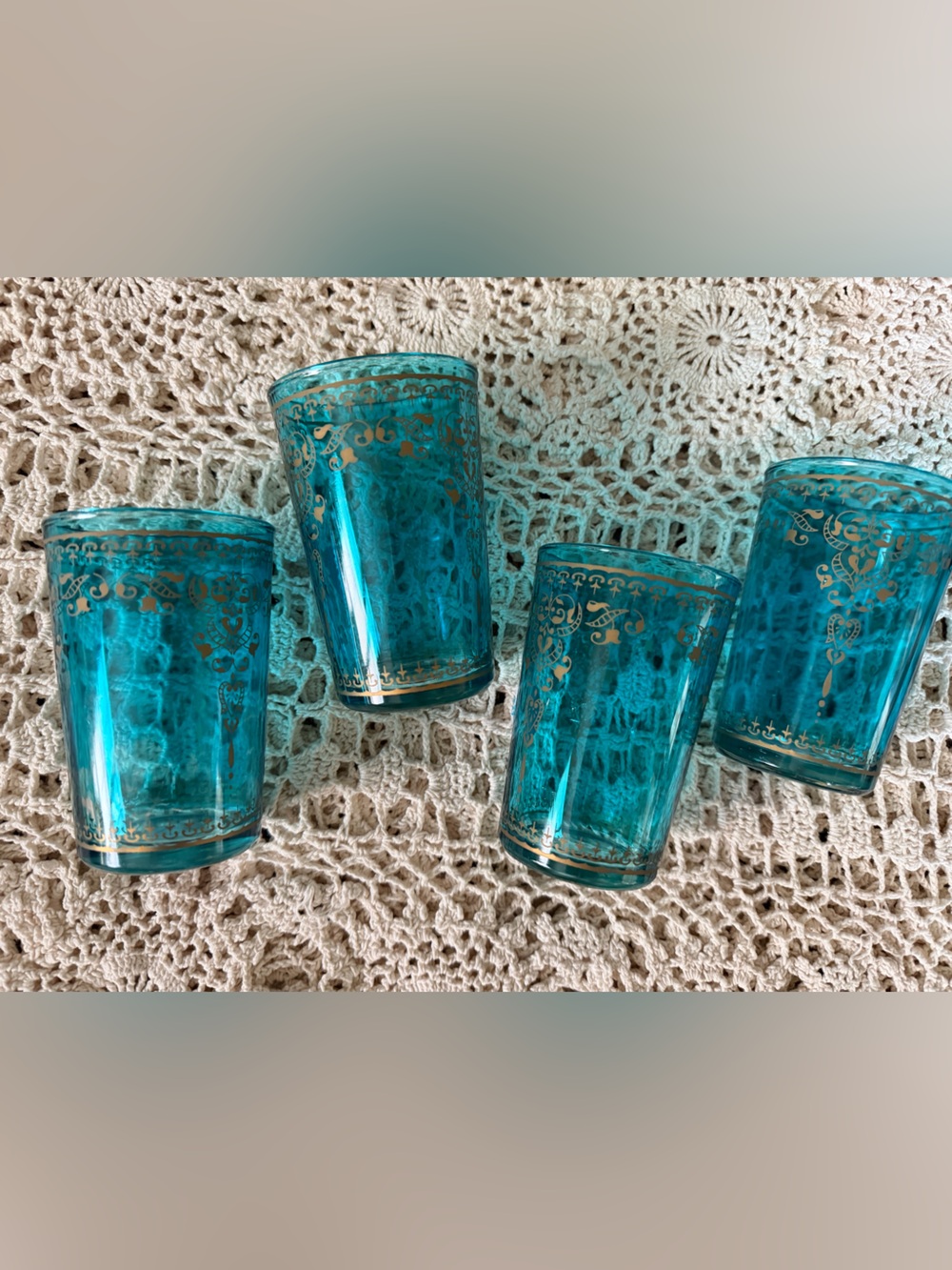 Turquoise Glass “juice” Set with Gold Filigree - glasses. hand wash .set of 4